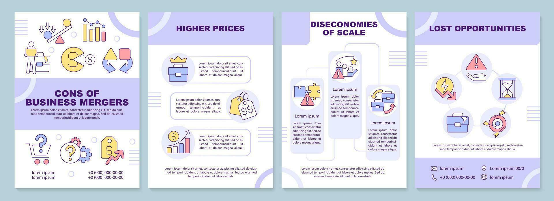 nackdelar av företag fusioner lila broschyr mall. hög priser. folder design med linjär ikoner. redigerbar 4 vektor layouter för presentation, årlig rapporter