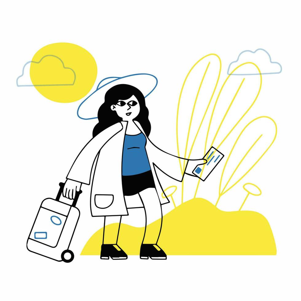 kvinna på flygplats. flicka med resväska skynda. bagage och bagage. biljett i hand. kvinna karaktär går på semester vektor