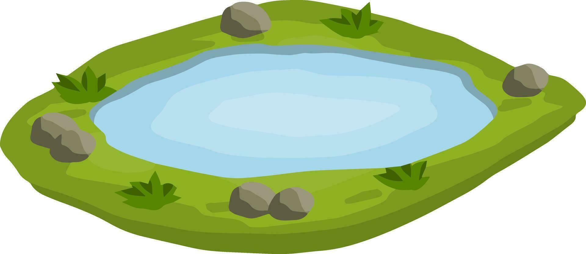 Teich und Sumpf, See. eben Karikatur. Hintergrund zum Illustration. Landschaft mit Gras, Steine und Busch. Element von Natur und Wald und Wasser. Plattform und Boden vektor