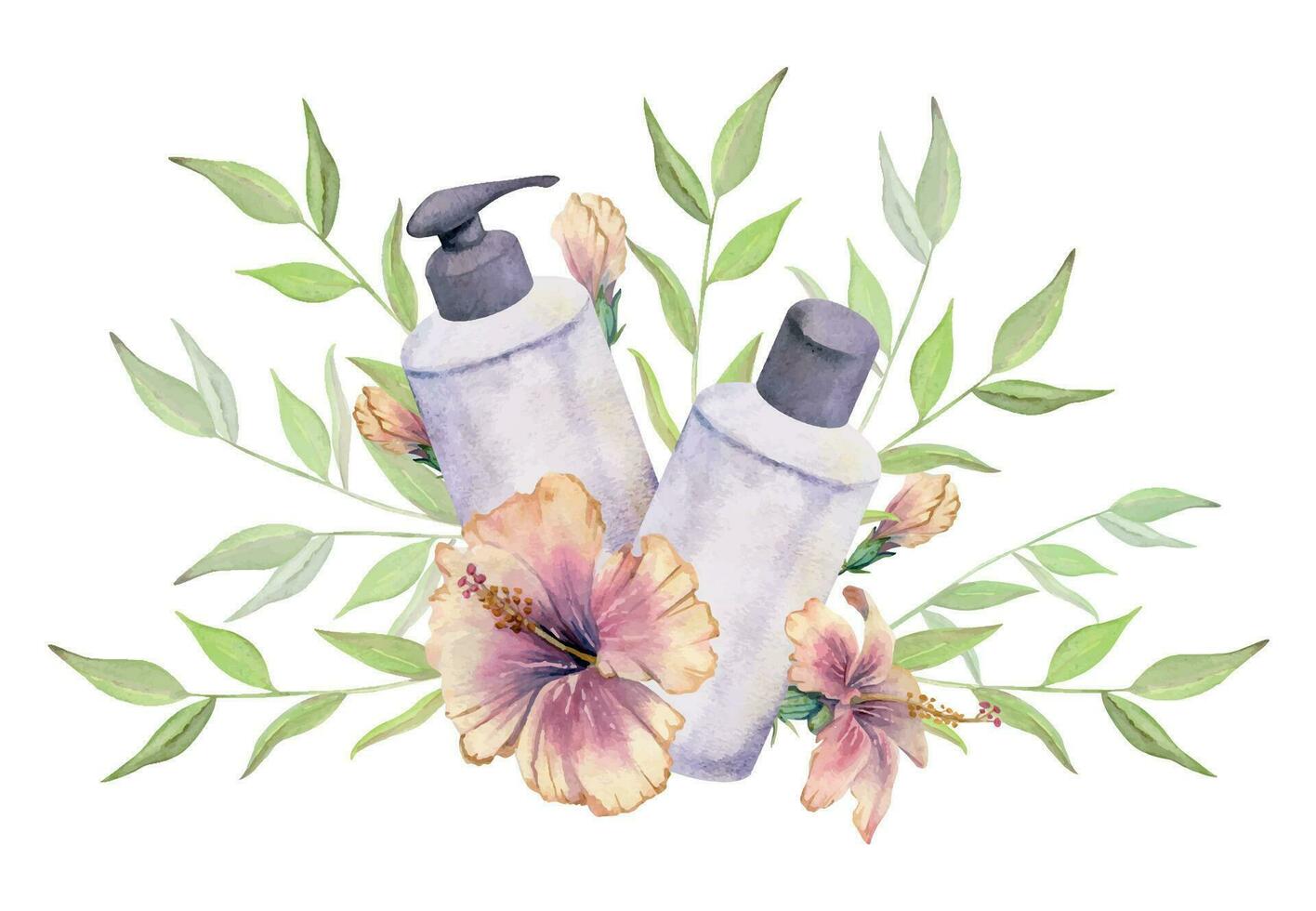 Hand gezeichnet Aquarell Spa Hautpflege Bad Schönheit Produkte Paket Blumen. horizontal Komposition isoliert auf Weiß Hintergrund. Design zum Mauer Kunst, Wellness Erholungsort, drucken, Stoff, Abdeckung, Karte, Broschüre. vektor