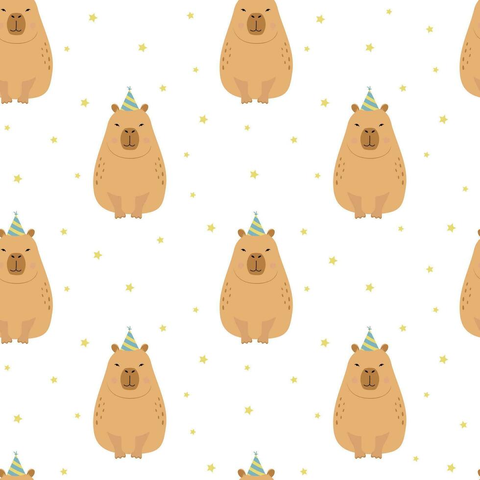 Capybara sitzen im ein Party Hut nahtlos Muster. vektor