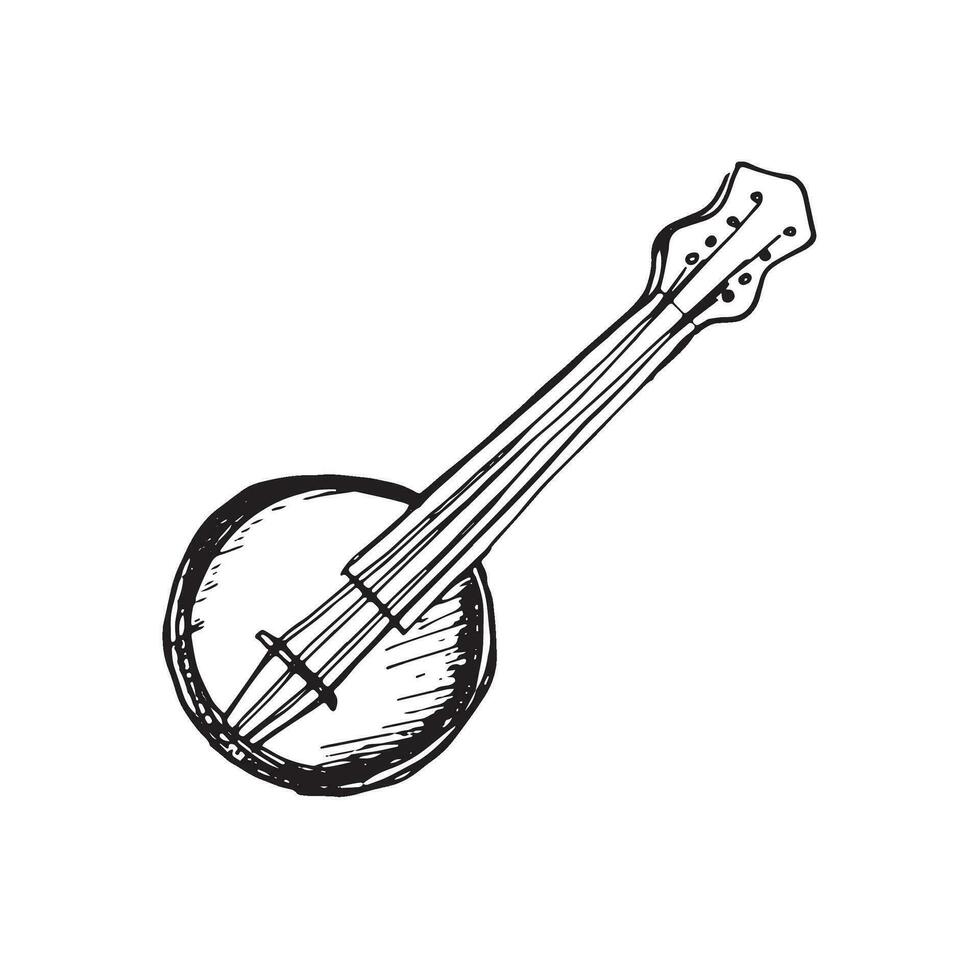 Banjo klassisch Musical Instrument Vektor Illustration isoliert. Symphonie Orchester besaitet irisch Instrument Tinte Hand gezeichnet. Element schwarz Weiß zum Design Verpackung, Postkarte, Broschüre, Einladung