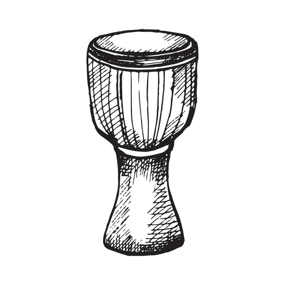 djembe Schlagzeug Musical Instrument Vektor Illustration isoliert. schwarz Weiß Volk afrikanisch Instrument Tinte Hand gemalt. ethnisch Trommel. Design Element zum Verpackung, Postkarte, Broschüre, Poster, Lehrbuch