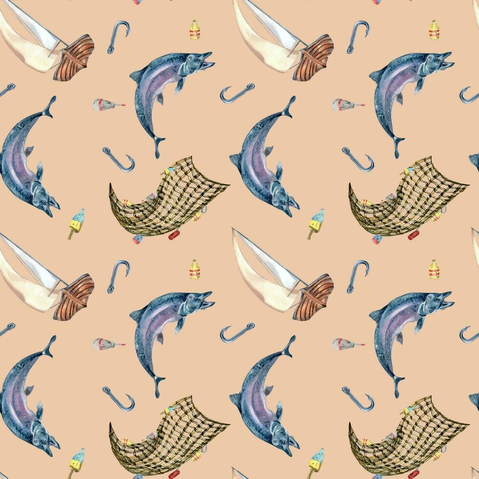 nahtlos Muster von Meer Fisch und segeln Boot Aquarell Illustration isoliert auf Beige. Angeln Boot und Lachs, Forelle Hand gezeichnet. Design Element zum Textil, Verpackung, Verpackung, Hintergrund, Markt vektor