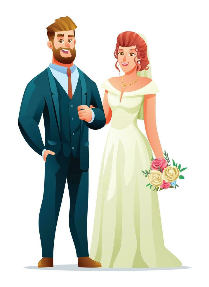 illustration av bröllop par tecken. Lycklig brudgum i bröllop klänning. brud innehav bukett vektor