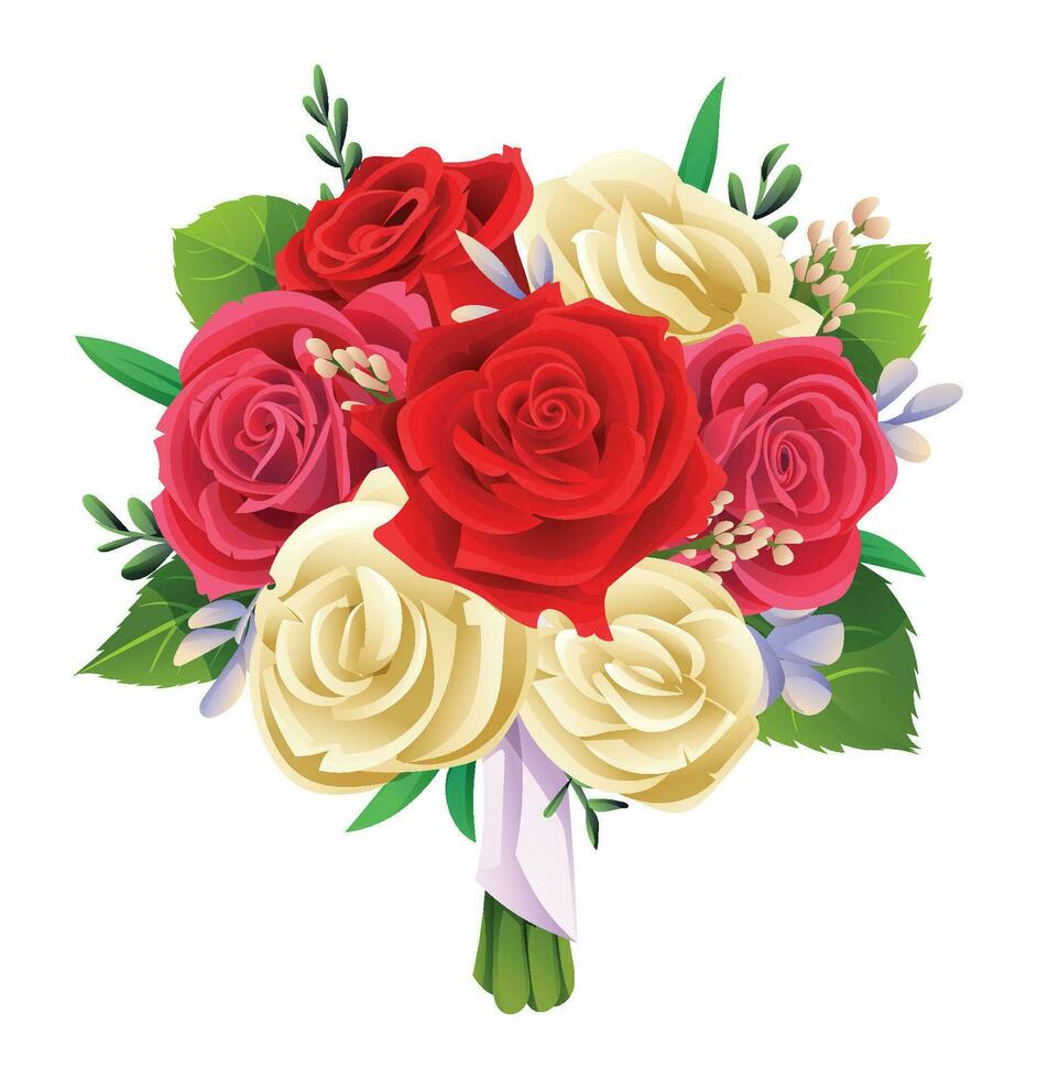 schön rot und Weiß Rosen Strauß isoliert auf Weiß Hintergrund. Vektor Illustration von Braut- Strauß