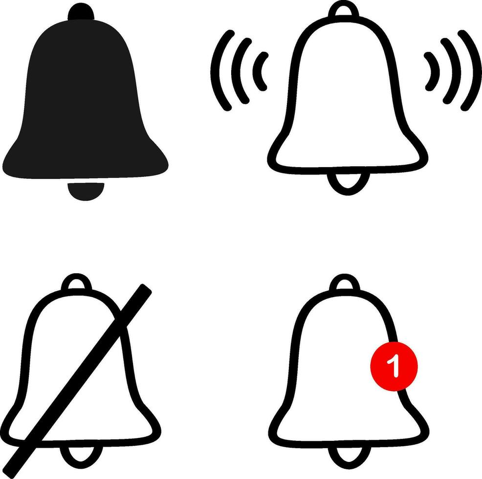 Botschaft Glocke Symbol. Türklingel Symbole zum Apps mögen Youtube, warnen Klingeln oder Teilnehmer Alarm Symbol, Kanal Nachrichtenübermittlung Erinnerungen Glocken. einstellen von Glocken. austauschbar Vektor Design.