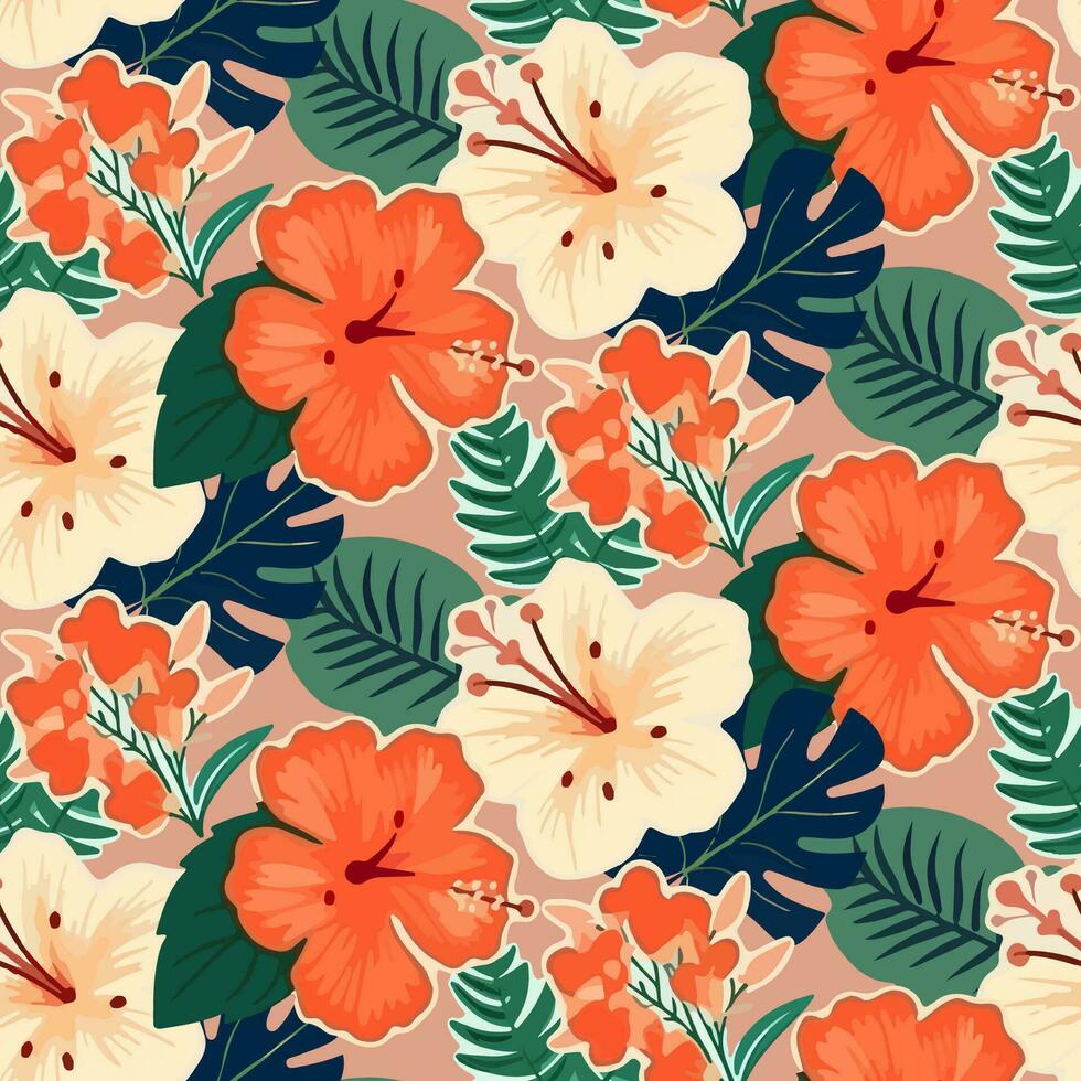 vektor sömlös mönster med olika tropisk löv och hibiskus blommor på orange bakgrund