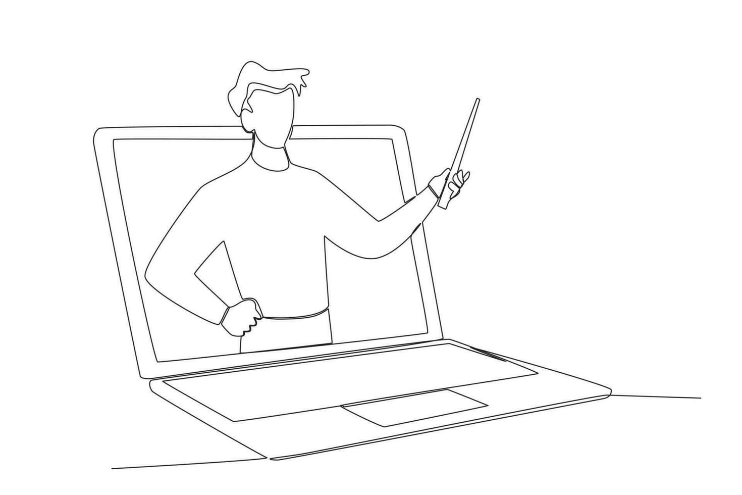 kontinuierlich einer Linie Zeichnung Mann Hand halten Stock darstellung Pose Kommen aus von Laptop Bildschirm Marketing Konzept Single Linie zeichnen Design Vektor Grafik Illustration