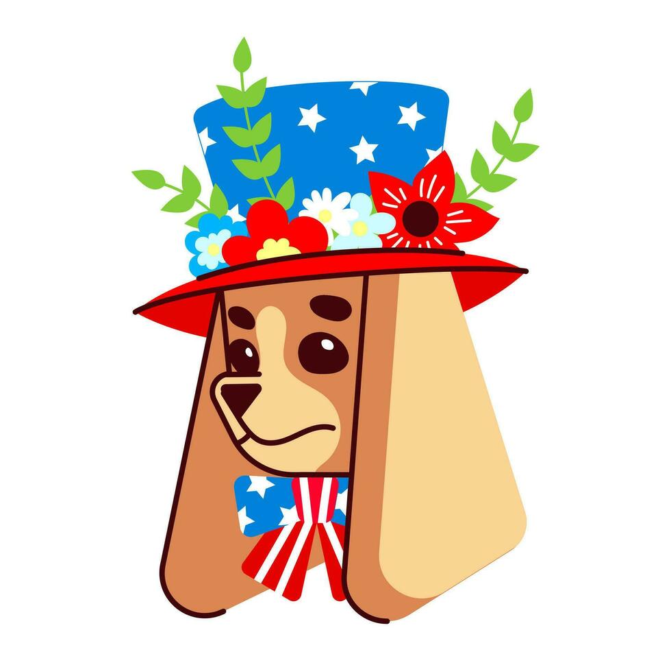 USA Unabhängigkeit Tag Karte. Vektor eben Illustration von ein amerikanisch Cocker Spaniel tragen ein oben Hut im USA Flagge Farben.