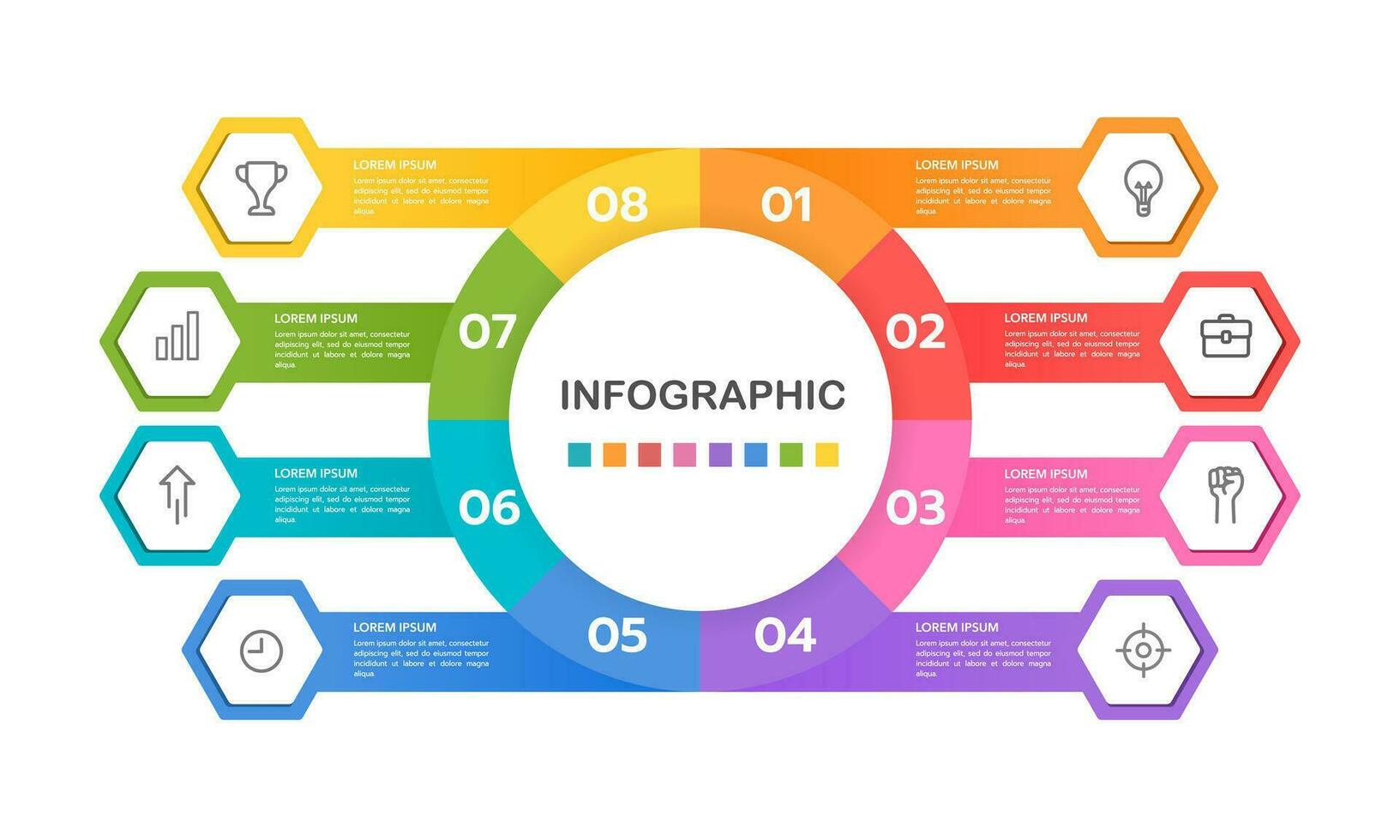 Infografik Diagramm 8 Optionen oder Schritte zu Erfolg. Verstand Karte, Verfahren, Vorlage, Zeitleiste, Präsentation. Vektor Illustration.