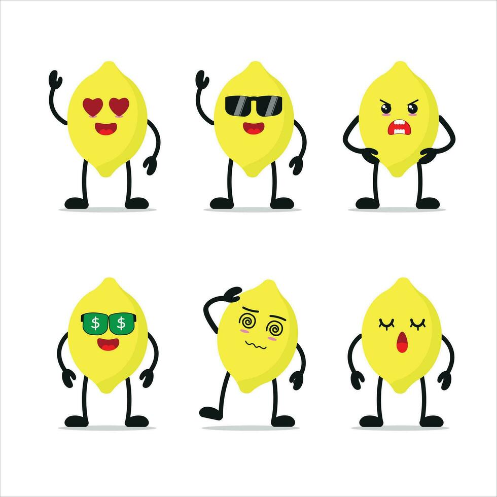 süß Gelb sauer Zitrone anders Aktivität Vektor Aufkleber im Weiß Hintergrund. Obst anders Gesicht Ausdruck Satz.
