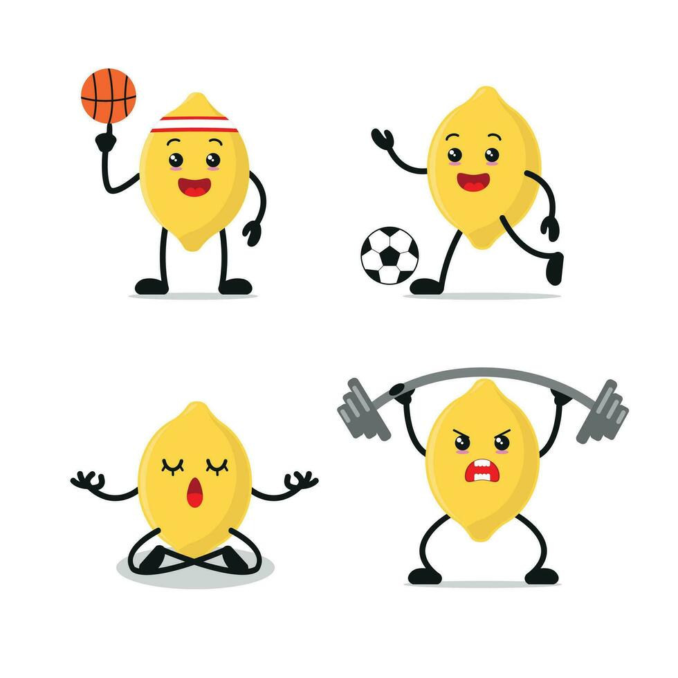 söt gul citron- idrottare övning annorlunda sport aktivitet vektor illustration.