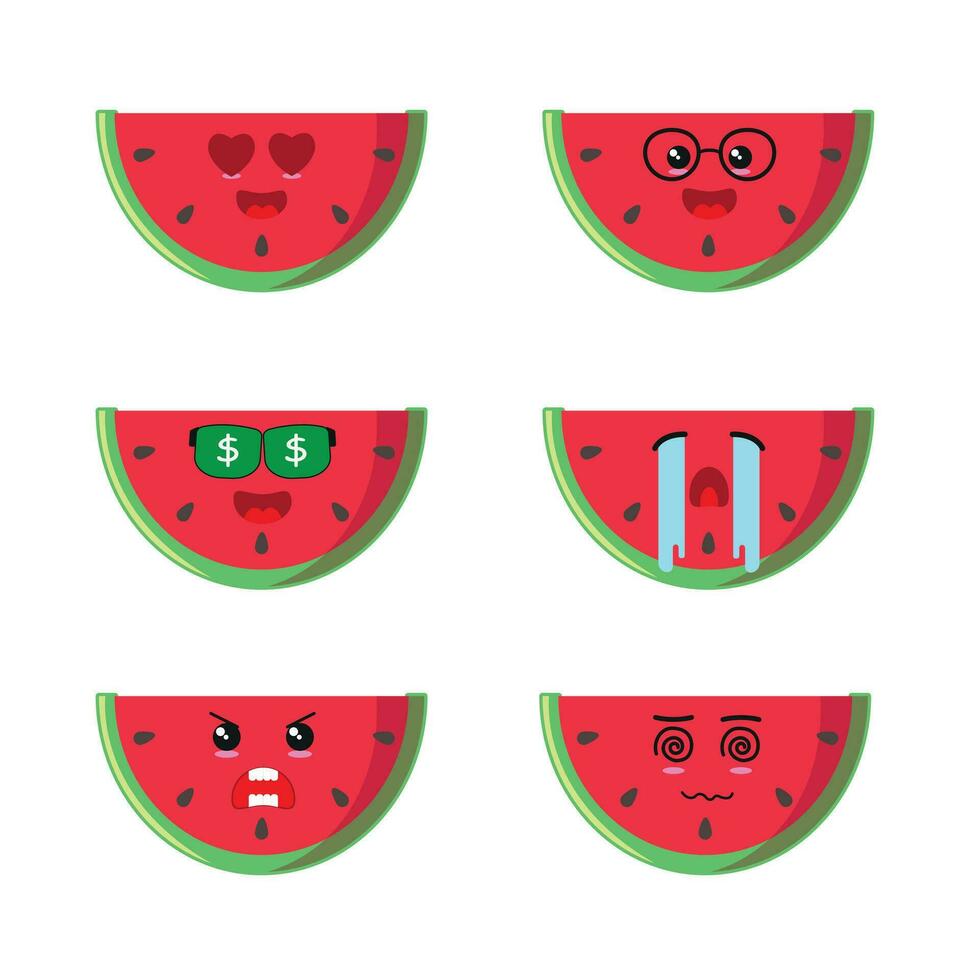 süß Hälfte Scheibe Wassermelone Charakter anders Pose Aktivität. komisch Obst anders Gesicht Ausdruck Vektor Illustration Satz.