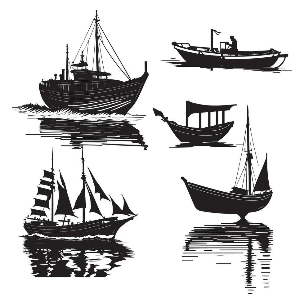 båt vektor, fartyg vektor svart översikt illustration på vit bakgrund