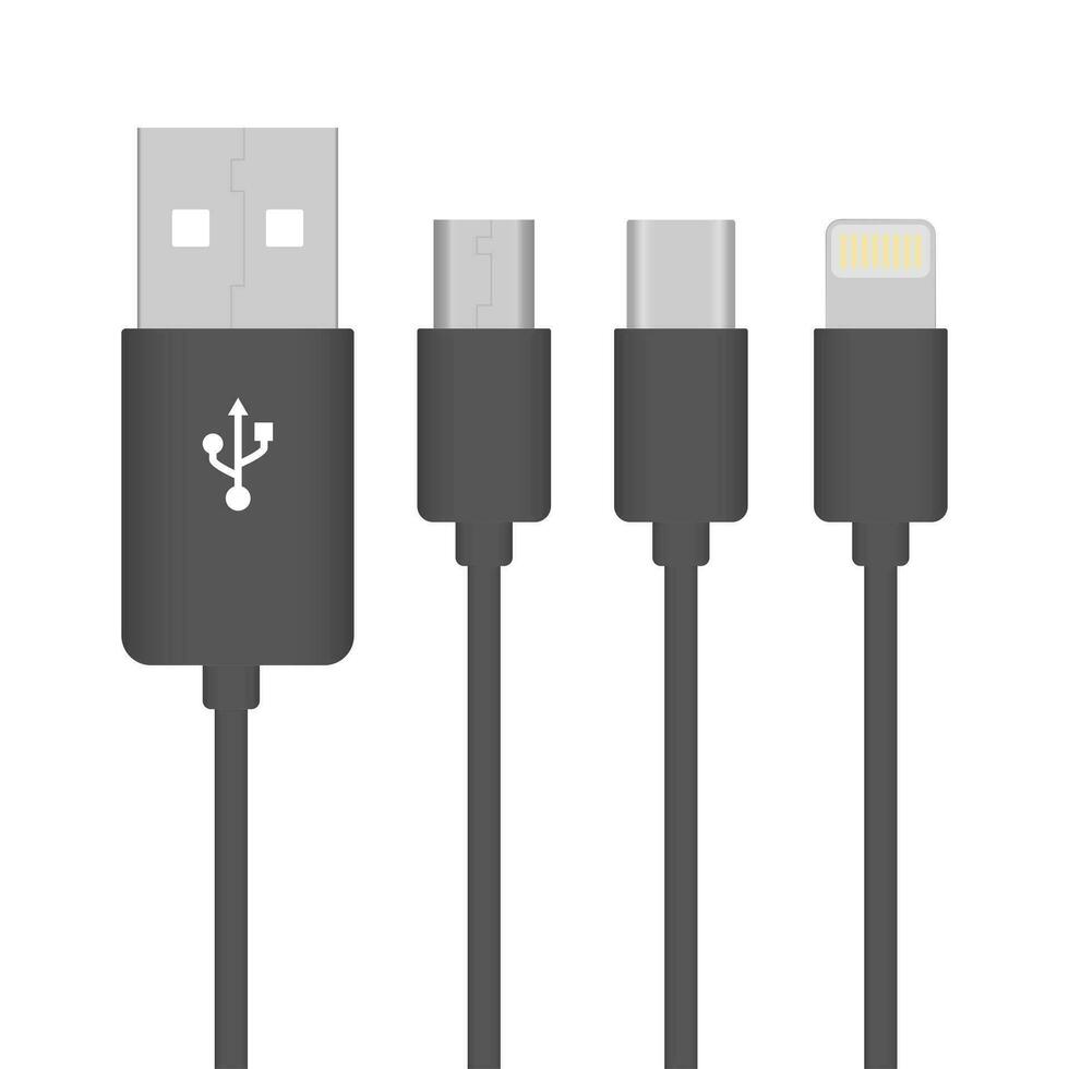 schwarz Kabel Symbol einstellen USB Art Vektor Illustration