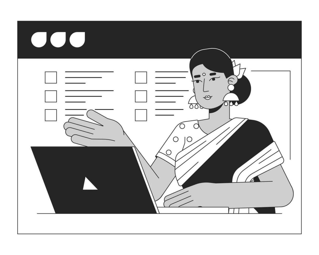 hindu kvinna på webb konferenser bw begrepp vektor fläck illustration. indisk lady i uppkopplad skärm 2d tecknad serie platt linje enfärgad karaktär för webb ui design. redigerbar isolerat översikt hjälte bild