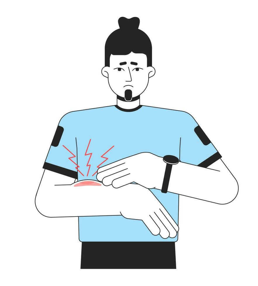 unzufrieden asiatisch Mann hat Prellung eben Linie Farbe Vektor Charakter. editierbar Gliederung Hälfte Körper Mann mit verletzt Hand Das tut weh auf Weiß. einfach Karikatur Stelle Illustration zum Netz Grafik Design