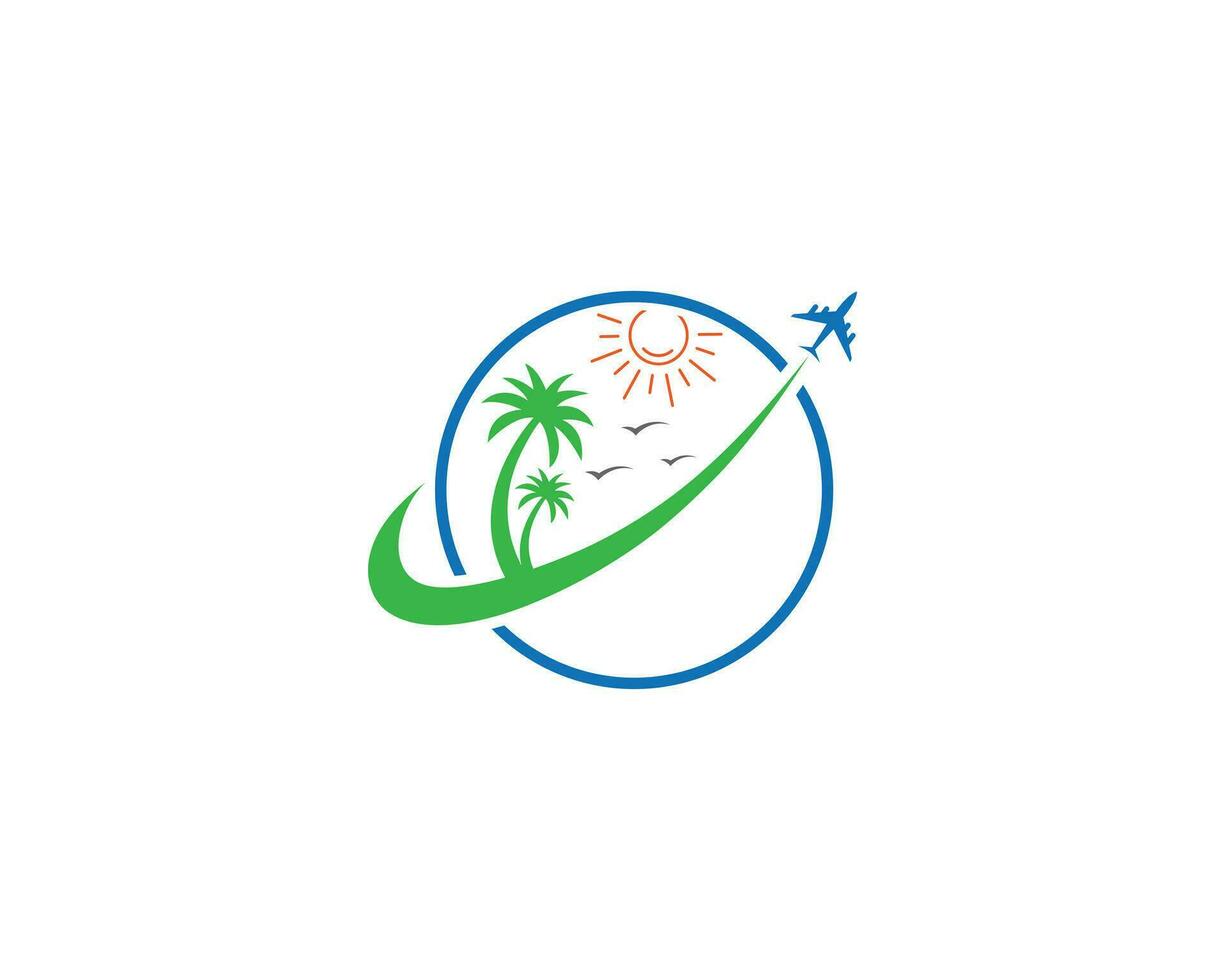abstrakt Reise Agent und Boot Strand Logo Design mit Sommer- Sonnenuntergang Symbol Vektor. vektor