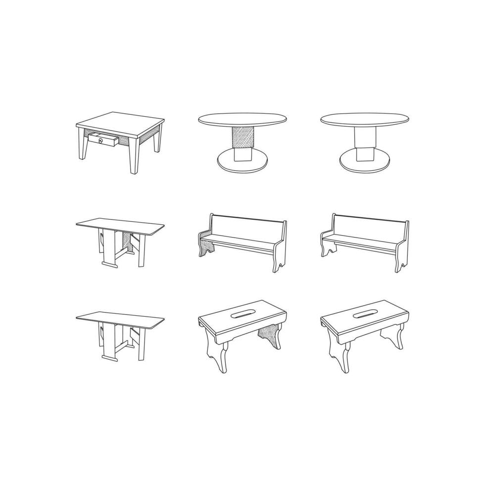 einstellen von Sitz und Essen Tabelle Symbol Sammlung Linie einfach Möbel Design, Element Grafik Illustration Vorlage vektor