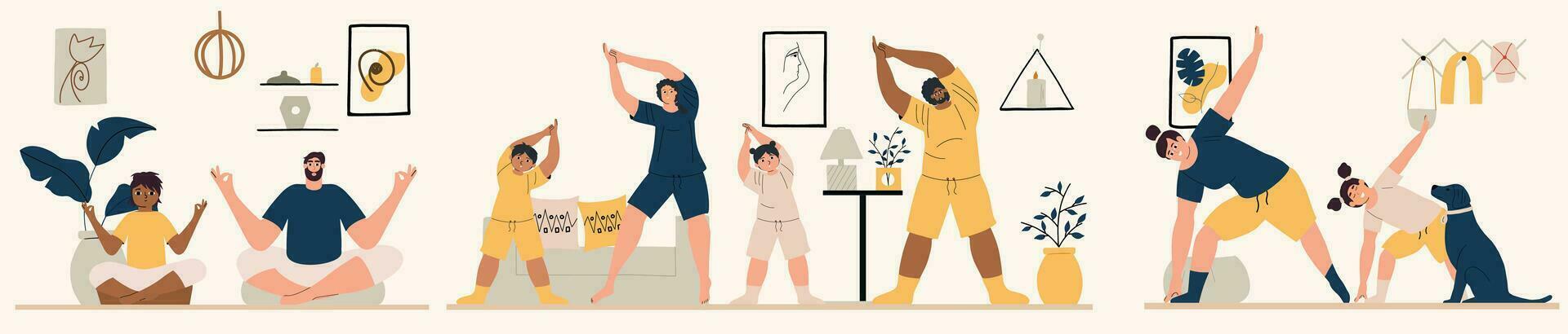 mångfald familjer med deras barn håller på med yoga. mamma, pappa, dotter och son ta vård av deras hälsa. vektor illustration i hand dragen stil