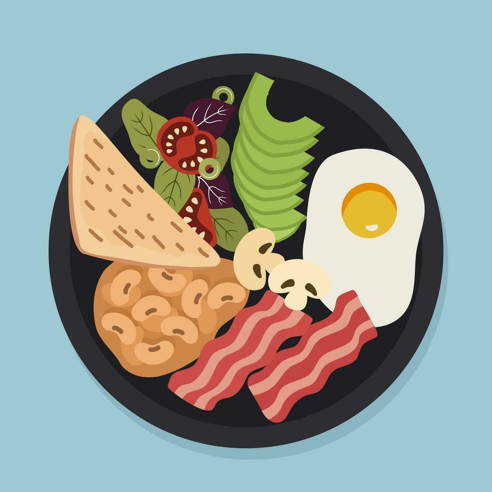 Illustration von ein herzhaft gesund Frühstück mit gebraten Ei, Avocado, Pilze, Speck und Toast auf ein Teller im eben Stil. Teller oben Sicht. vektor