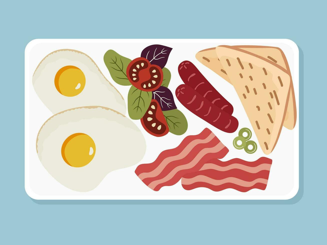 Illustration von Frühstück mit Eier, Würste, Speck und Toast auf ein Teller im eben Stil. Teller oben Sicht. vektor