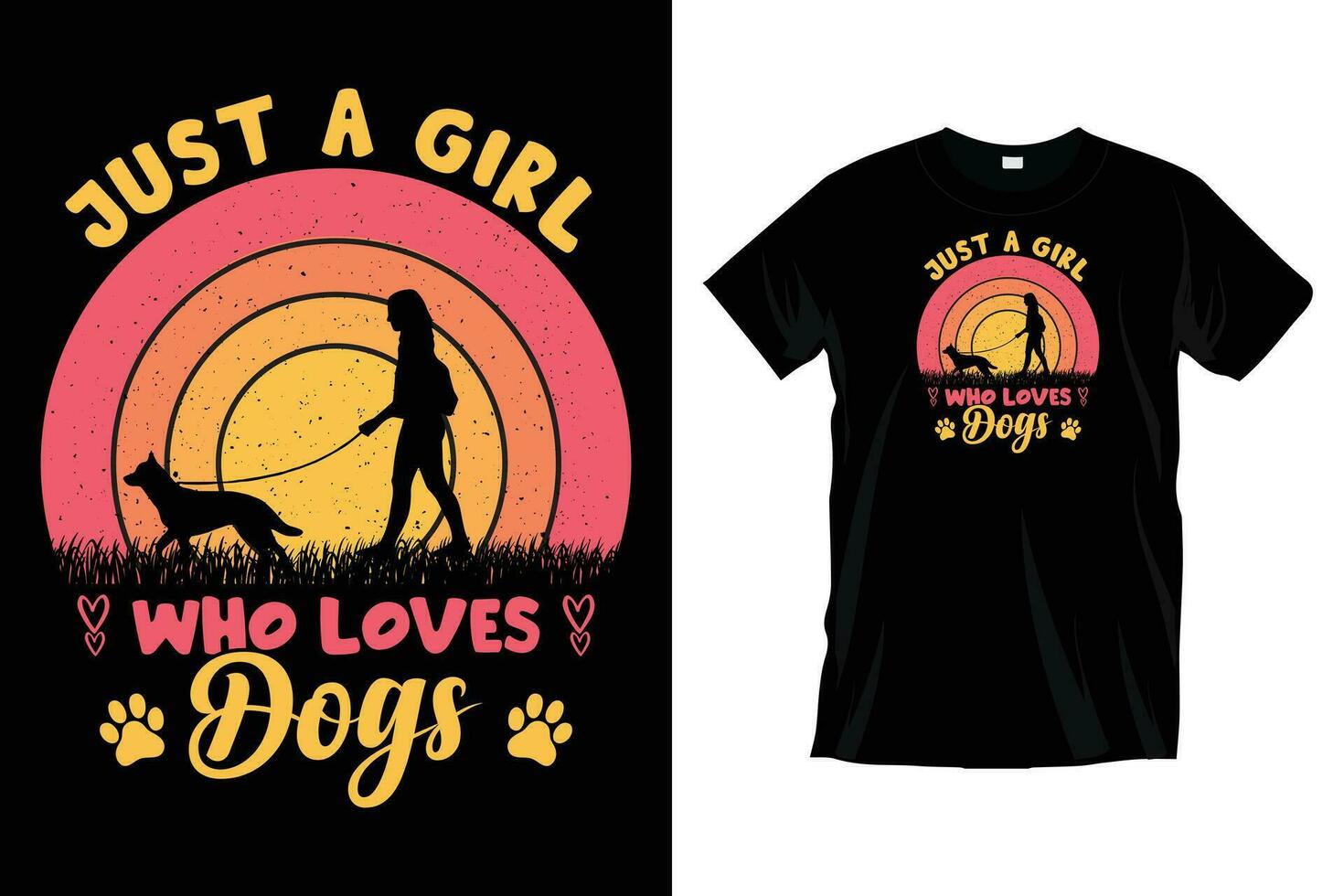 gerade ein Mädchen Wer liebt Hunde, Jahrgang Sonnenuntergang T-Shirt Design. vektor