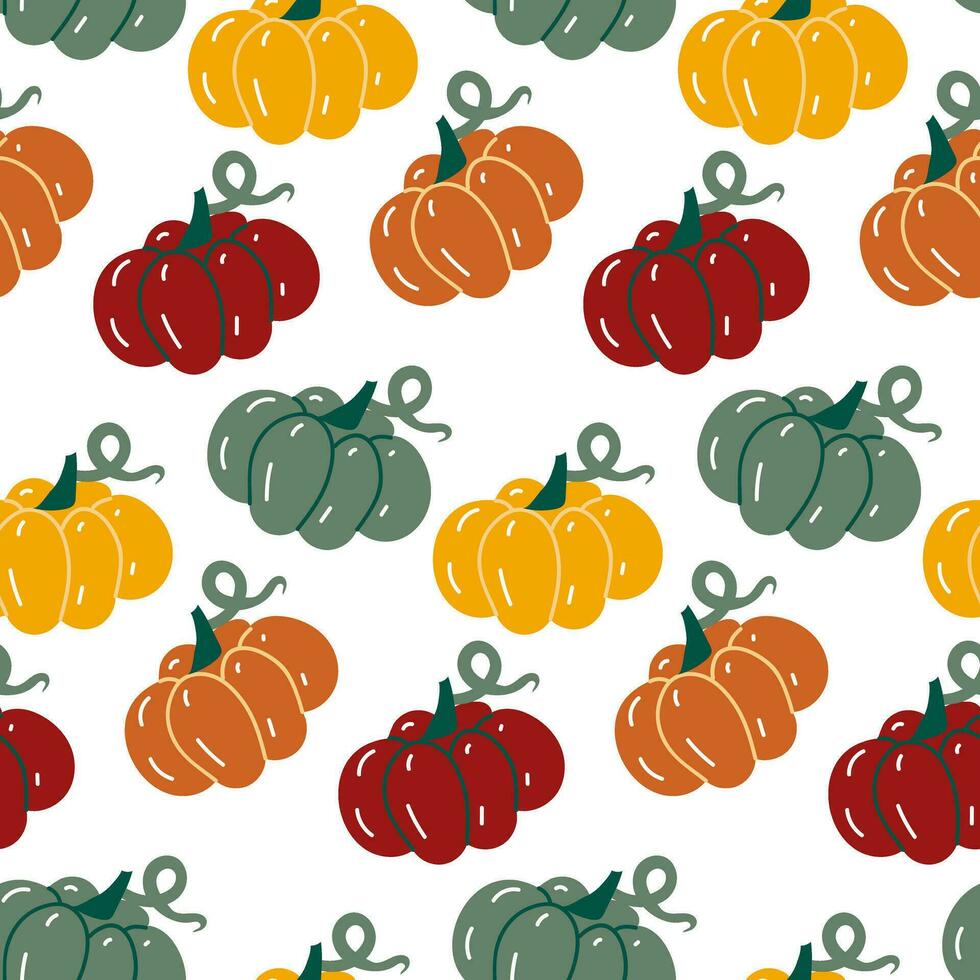 sömlös mönster av färgrik pumpor i retro stil på en vit bakgrund. platt stil. vektor illustration. söt enkel höst förpackning för tacksägelse och halloween