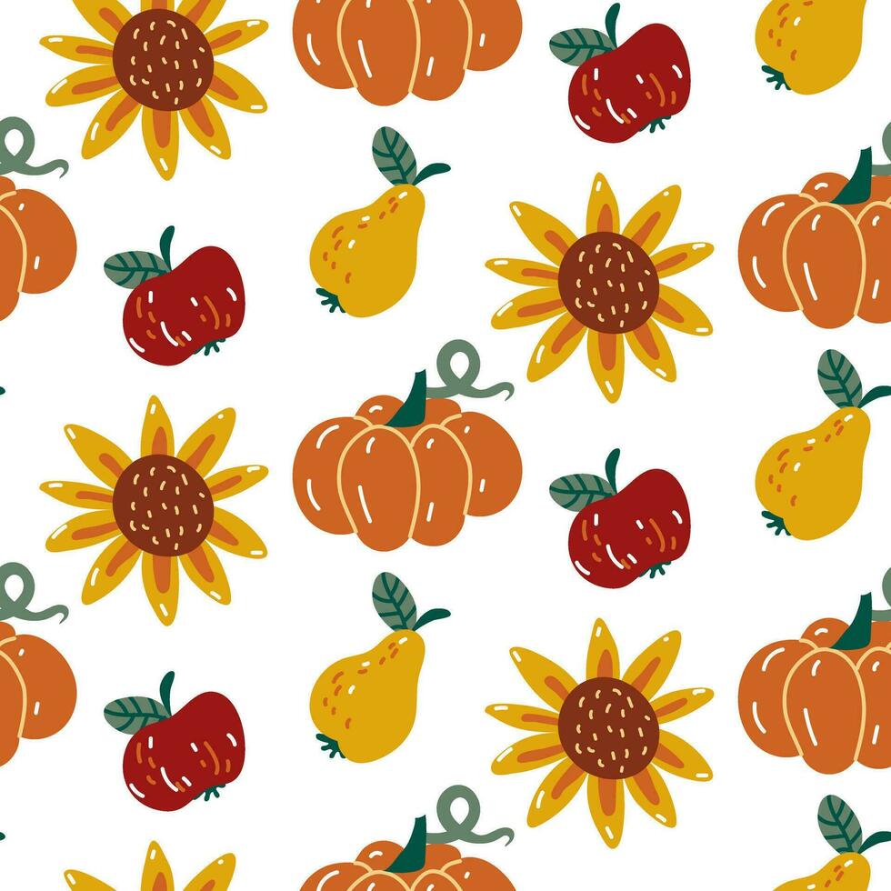 Vektor Muster von Herbst Ernte Elemente. Kürbis, Apfel, Birne, Sonnenblume im Karikatur Stil auf ein Weiß Hintergrund. Herbst Hintergrund mit Früchte und Gemüse. Verpackung