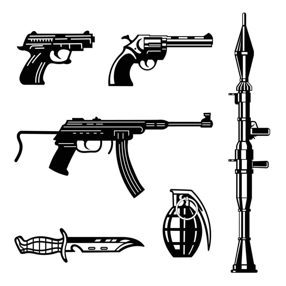 Waffe, Pistole, Messer, Gewehr, Maschine Pistole, kurz Pistole, Hand Granate schwarz und Weiß Kunst Illustration Vektor Design