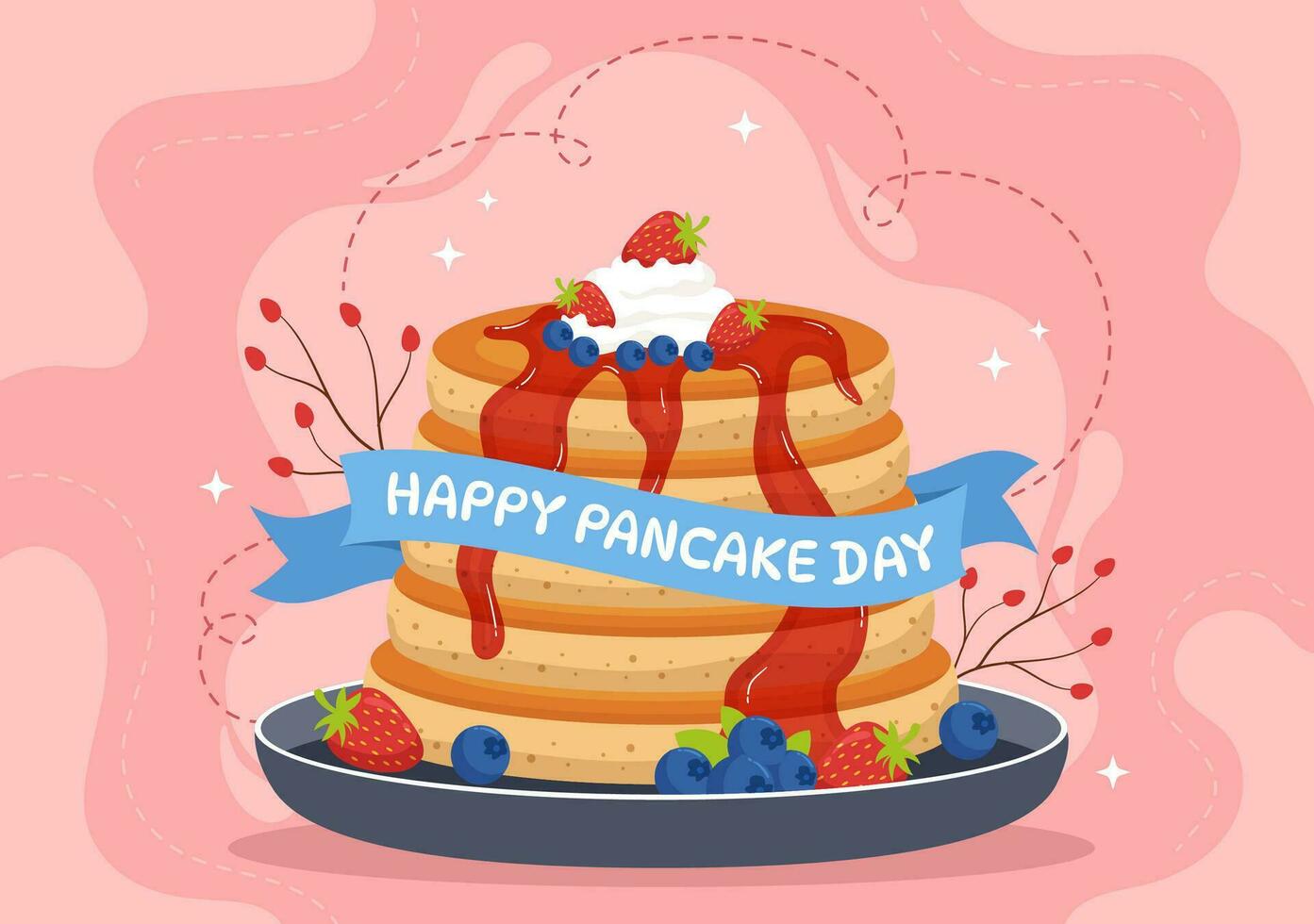 Pfannkuchen Tag Vektor Illustration ein Teller von Pfannkuchen gekrönt mit Sirup, Kirschen und Blaubeeren im hausgemacht Bäckerei eben Karikatur Hand gezeichnet Vorlagen