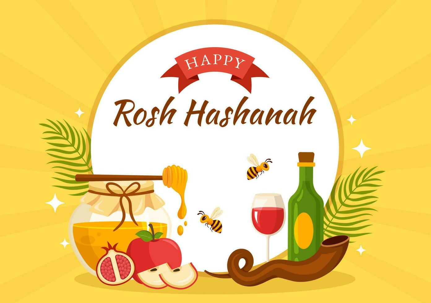 Lycklig rosh hashanah vektor illustration av jewish ny år Semester med äpple, granatäpple, honung och bi i platt tecknad serie hand dragen mallar