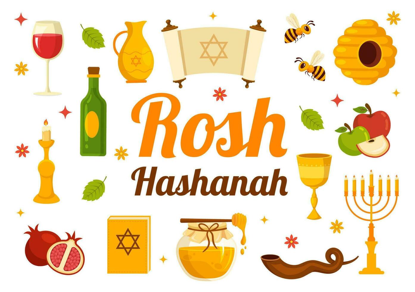 glücklich rosh hashanah Vektor Illustration von jüdisch Neu Jahr Urlaub mit Apfel, Granatapfel, Honig und Biene im eben Karikatur Hand gezeichnet Vorlagen