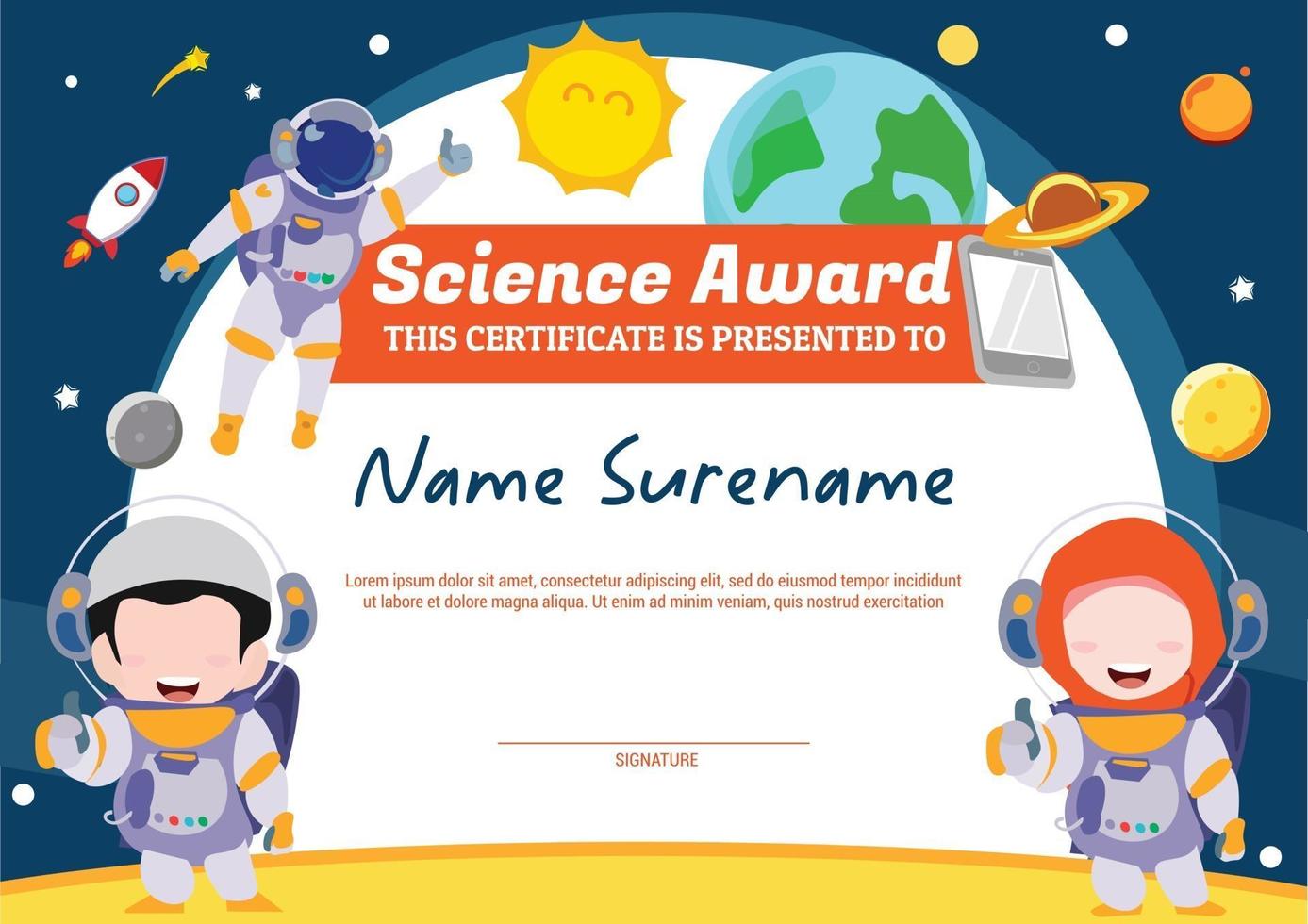 Science Award Vorlagenzertifikat für Kinder Mehrzweck im Weltraum mit muslimischem Astronout vektor
