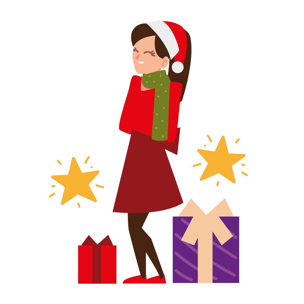 Weihnachtsleute, Frau mit Hut und Geschenken, die Saisonparty feiern vektor