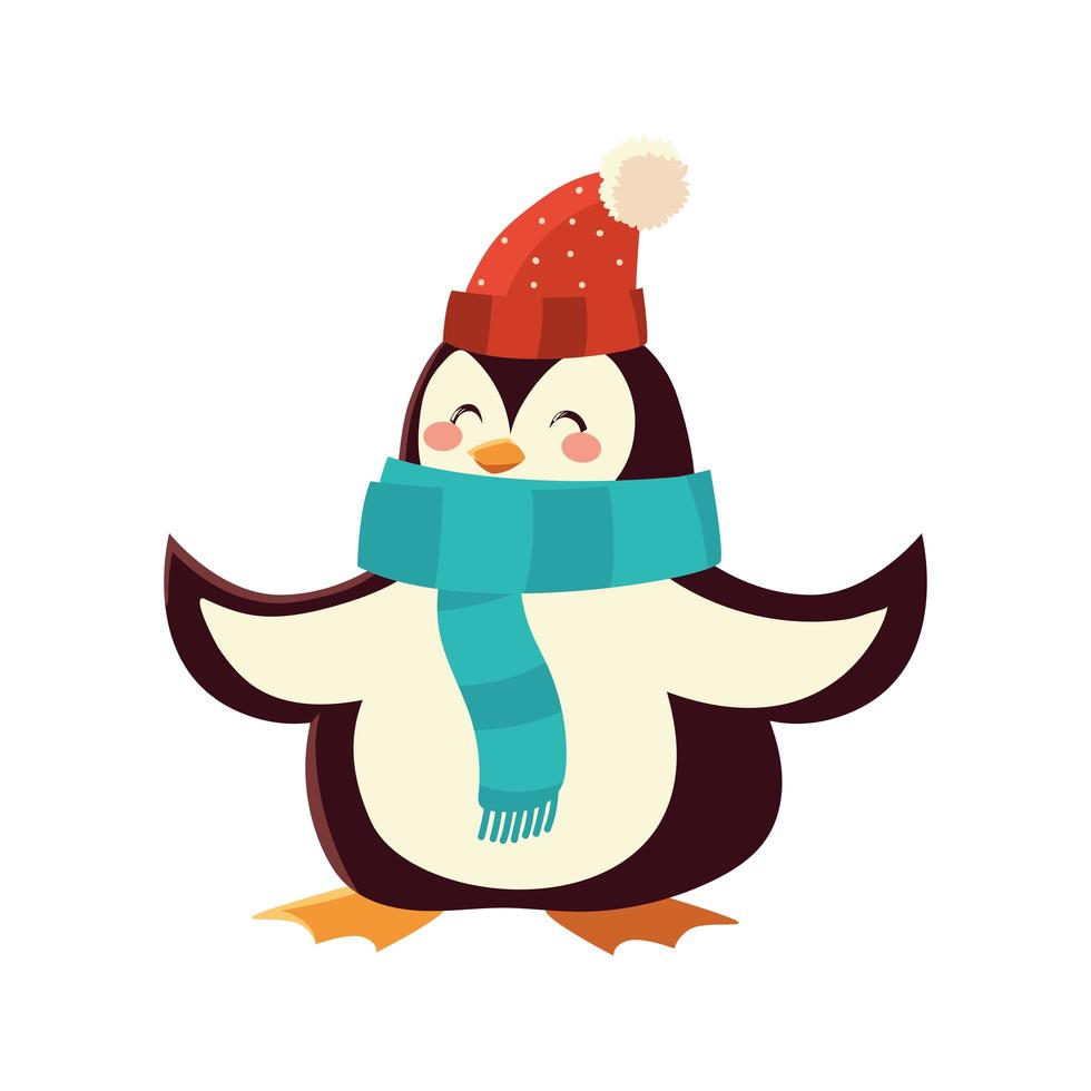 söt pingvin med halsduk och hatt karaktär tecknad jul på vit bakgrund vektor