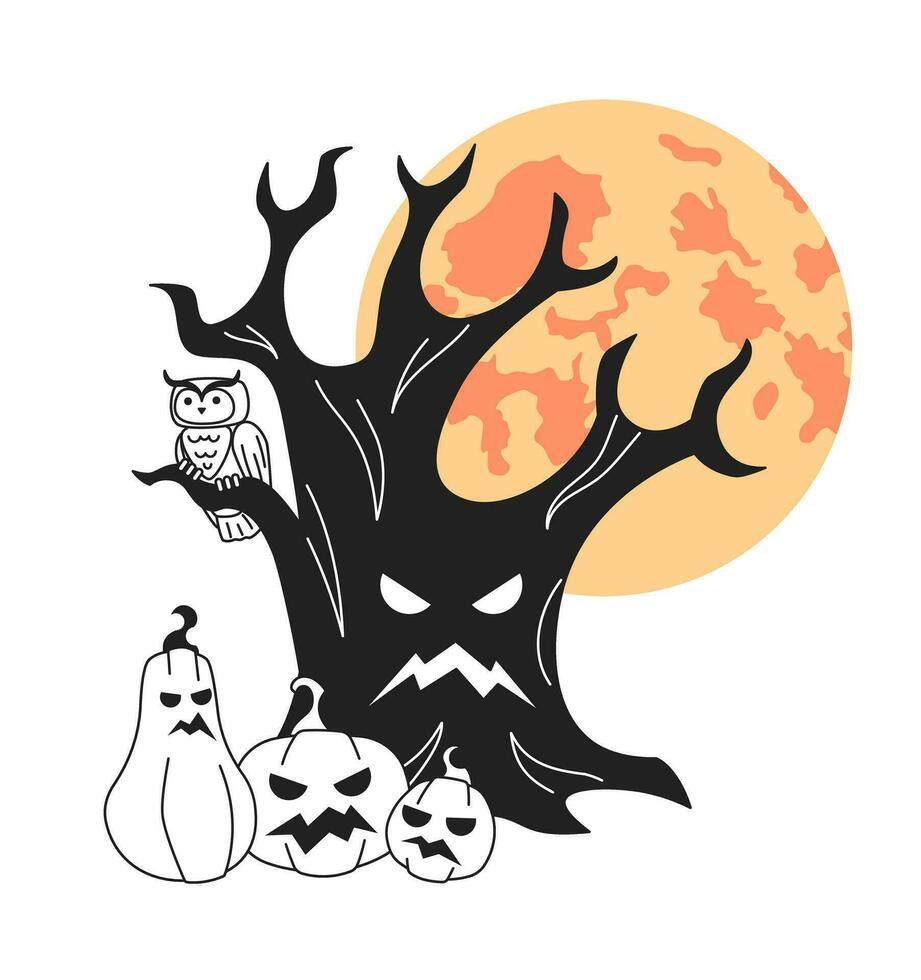 Halloween Baum mit unheimlich Kürbisse, voll Mond einfarbig Konzept Vektor Stelle Illustration. gespenstisch Wald 2d eben bw Karikatur Komposition zum Netz ui Design. isoliert editierbar Hand gezeichnet Held Bild