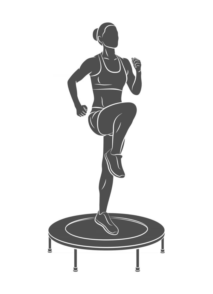 silhuett kvinna hoppar på studsmatta ung fitness flicka tränar på en mini studsmatta på en vit bakgrund vektorillustration vektor