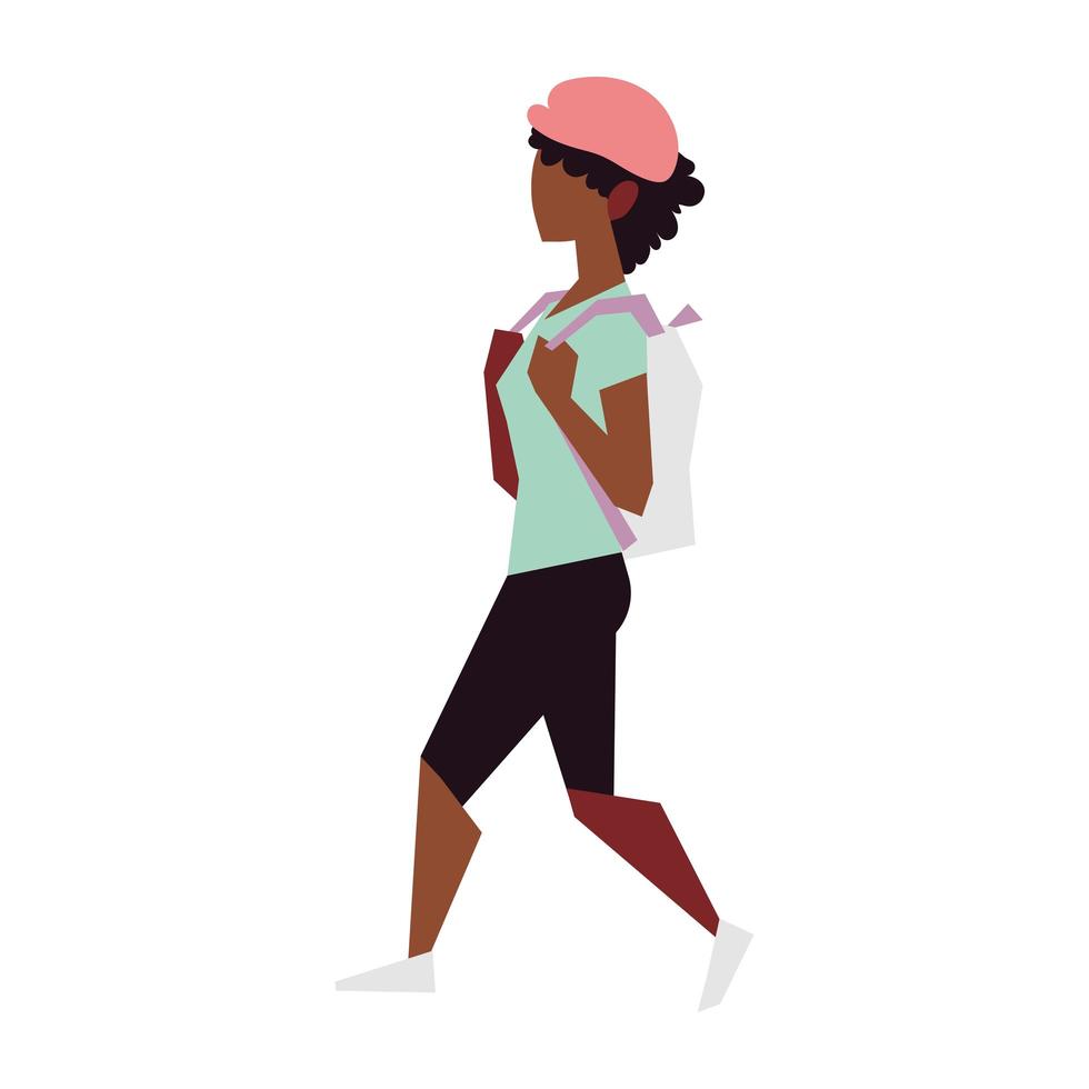 ung kvinna går med ryggsäck aktivitet fritid eller rekreation utomhus vektor