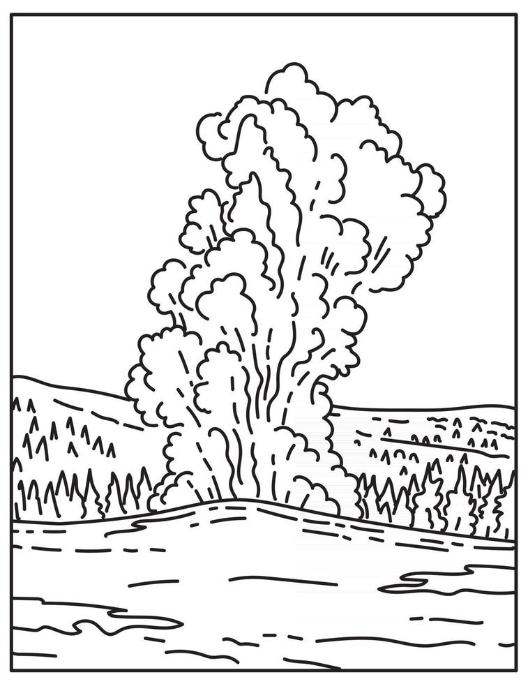 en kongeyser som kallas gammal trogen belägen i Yellowstone National Park i Wyoming USA mono line eller monoline svart och vit line art vektor