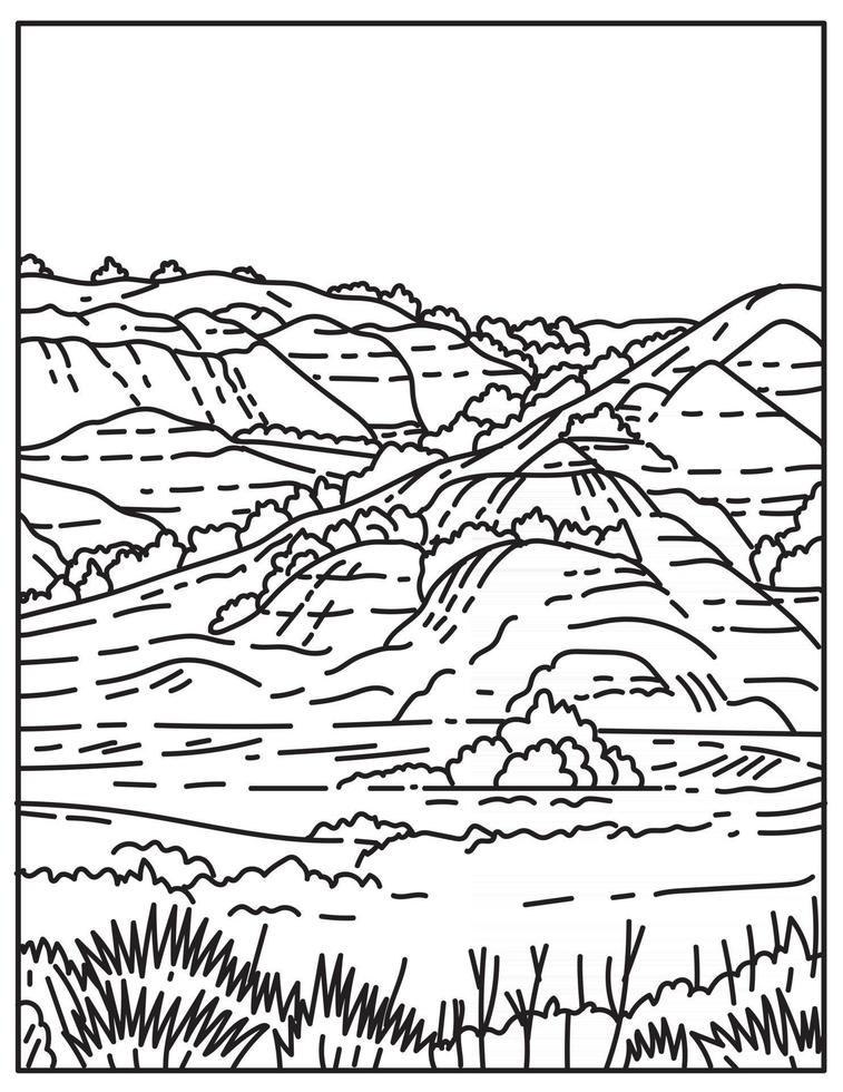 Die bemalte Schlucht befindet sich im Theodore-Roosevelt-Nationalpark im Westen von North Dakota, Vereinigte Staaten Mono Line oder Monoline Black and White Line Art vektor