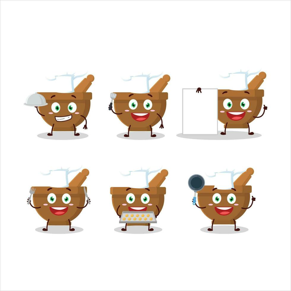 Karikatur Charakter von Granatwerfer und Stößel mit verschiedene Koch Emoticons vektor