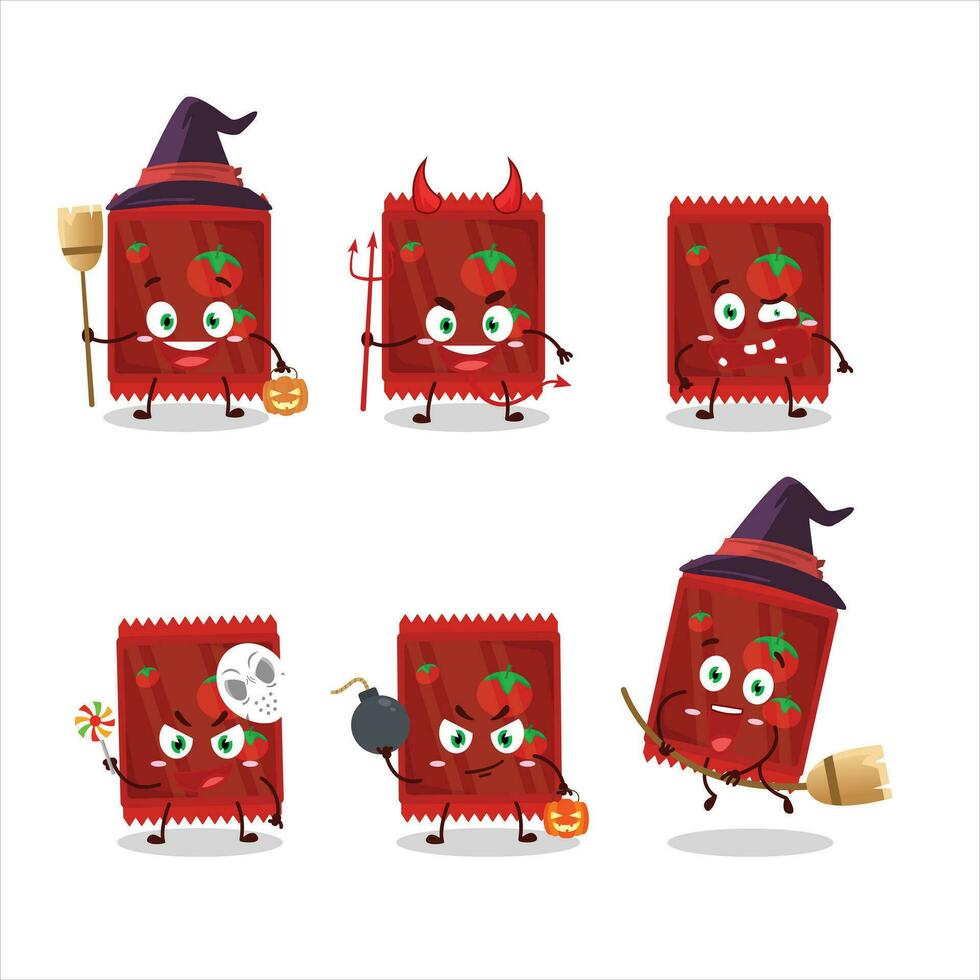 Halloween Ausdruck Emoticons mit Karikatur Charakter von Ketchup Beutel vektor