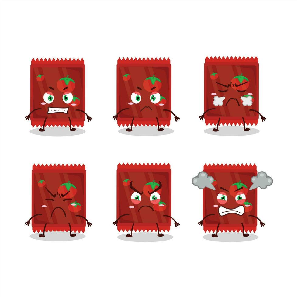 ketchup påse tecknad serie karaktär med olika arg uttryck vektor