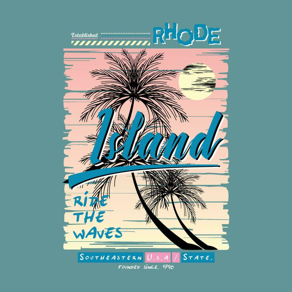 Rhode Insel auf Strand Thema Grafik Design, Surfen Typografie, t Hemd Vektoren, Sommer- Abenteuer vektor