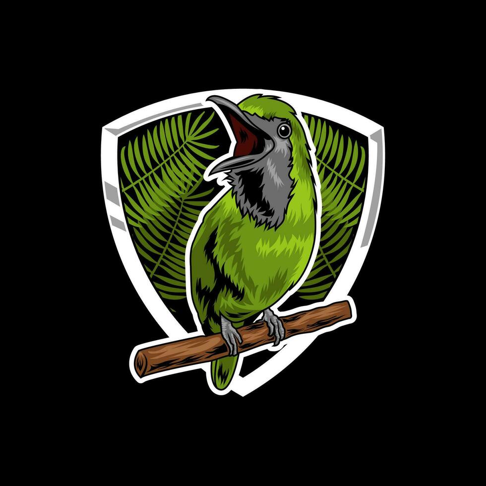 grön fågel kvittrar uppflugen på träd gren logotyp vektor