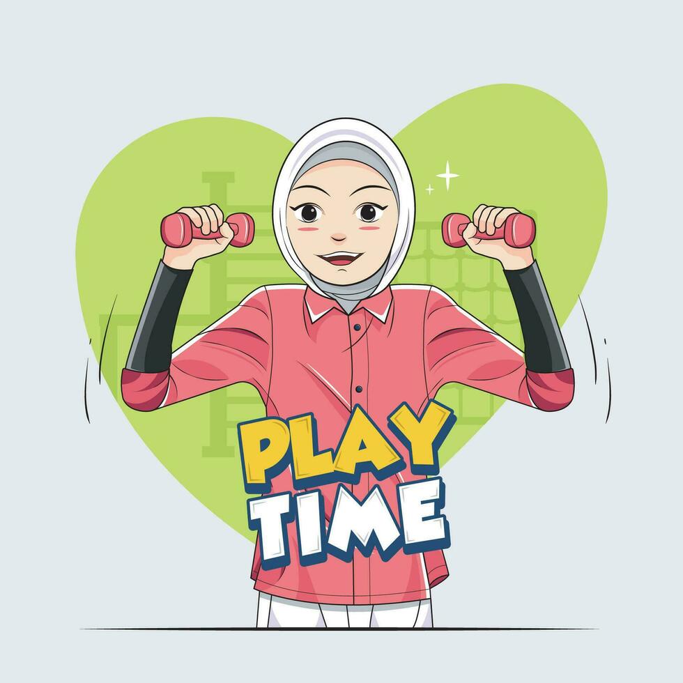 Spielzeit. Niedlich, glücklich wenig Hijab Mädchen mit Hanteln Vektor Illustration Profi herunterladen