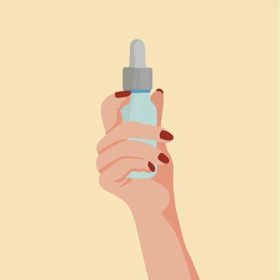 Illustration von weiblich Hand halten Serum Flasche Vektor Bild