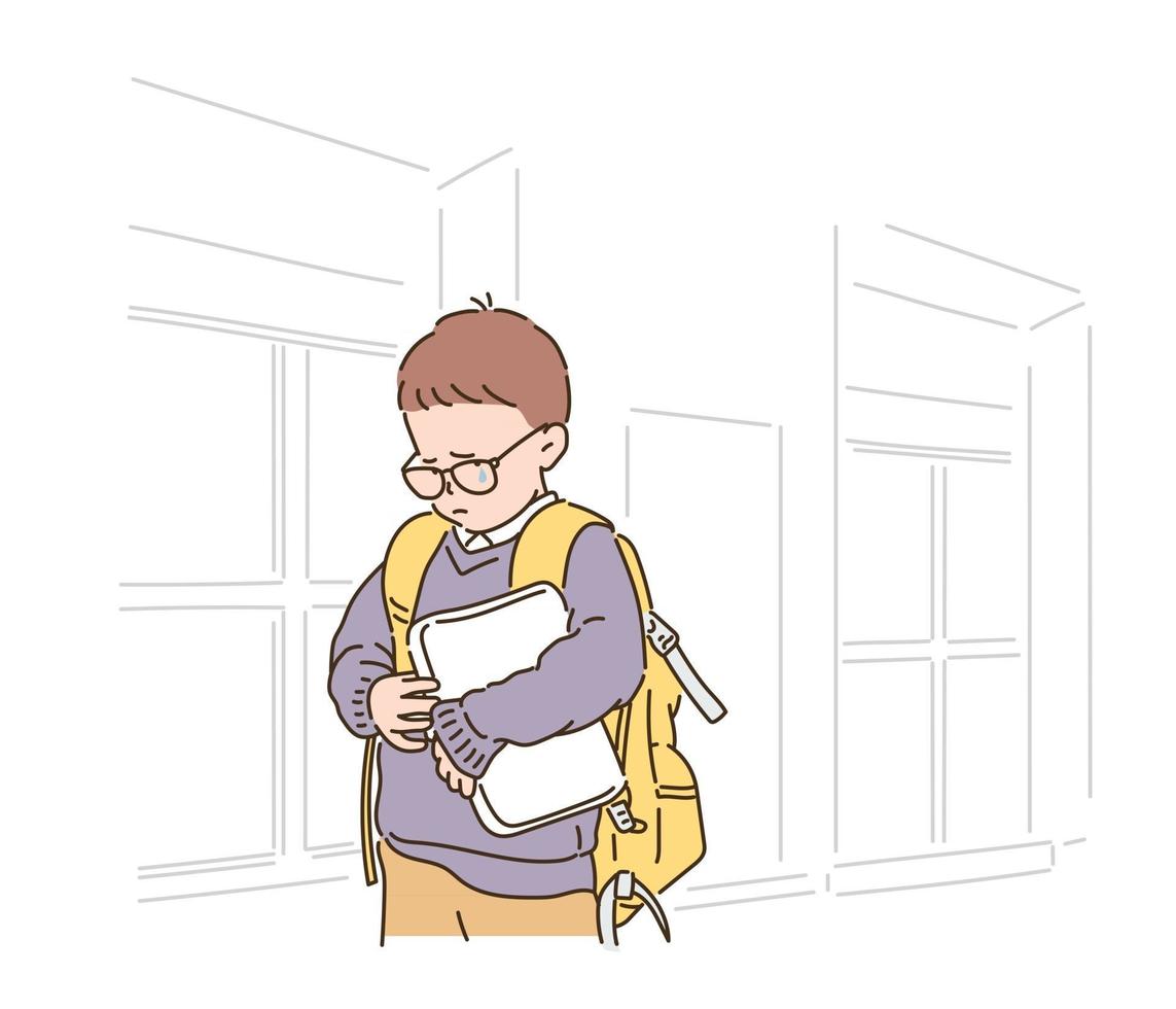 ein junger schüler mit rucksack geht mit traurigem ausdruck zur schule. handgezeichnete Stilvektordesignillustrationen. vektor